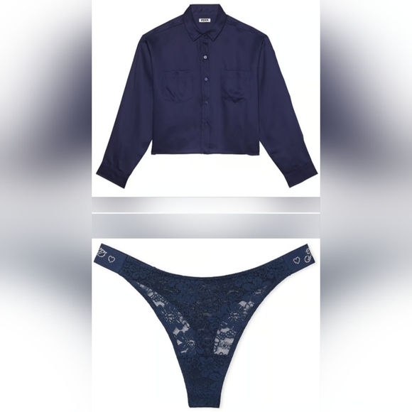 L/M VS PINK TENCEL Long Sleeve Sleepshirt Bling Logo Wink Lace Thong Panty Set - Picture 1 of 6